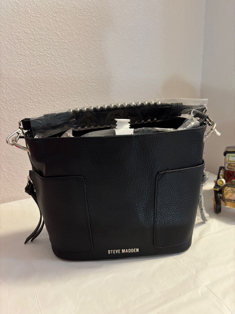 Steve Madden Black Pebbled Leather Bucket Bag
